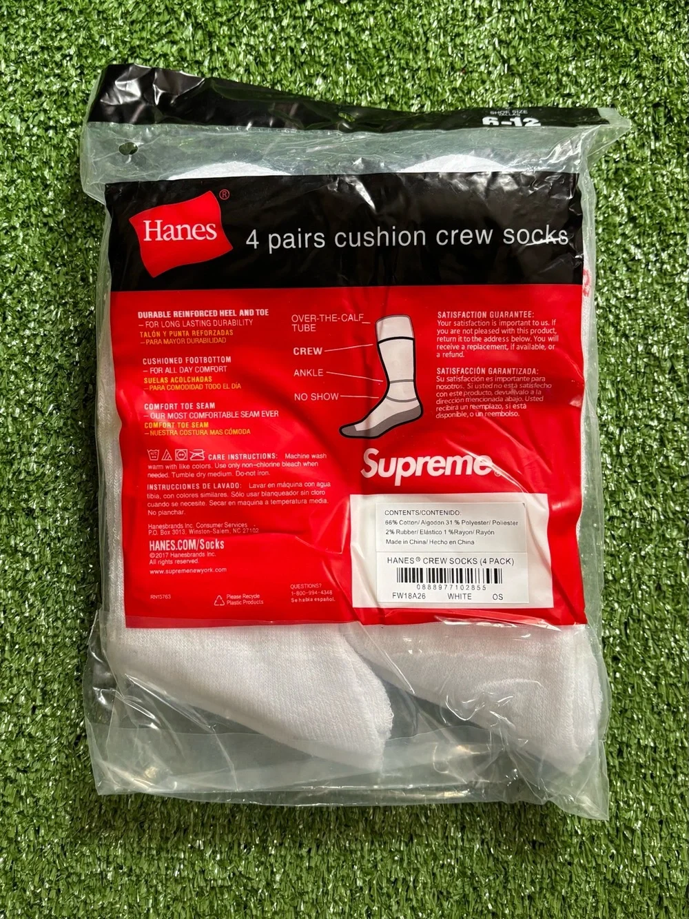 Hanes x Supreme White Cushion Crew Socks - 4 Pack